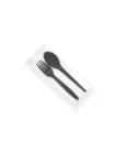 Set fourchette et cuillère noirs avec papier emballes dans un sachet (3 sacs de 200 unités)( 600 unités par carton) NOV