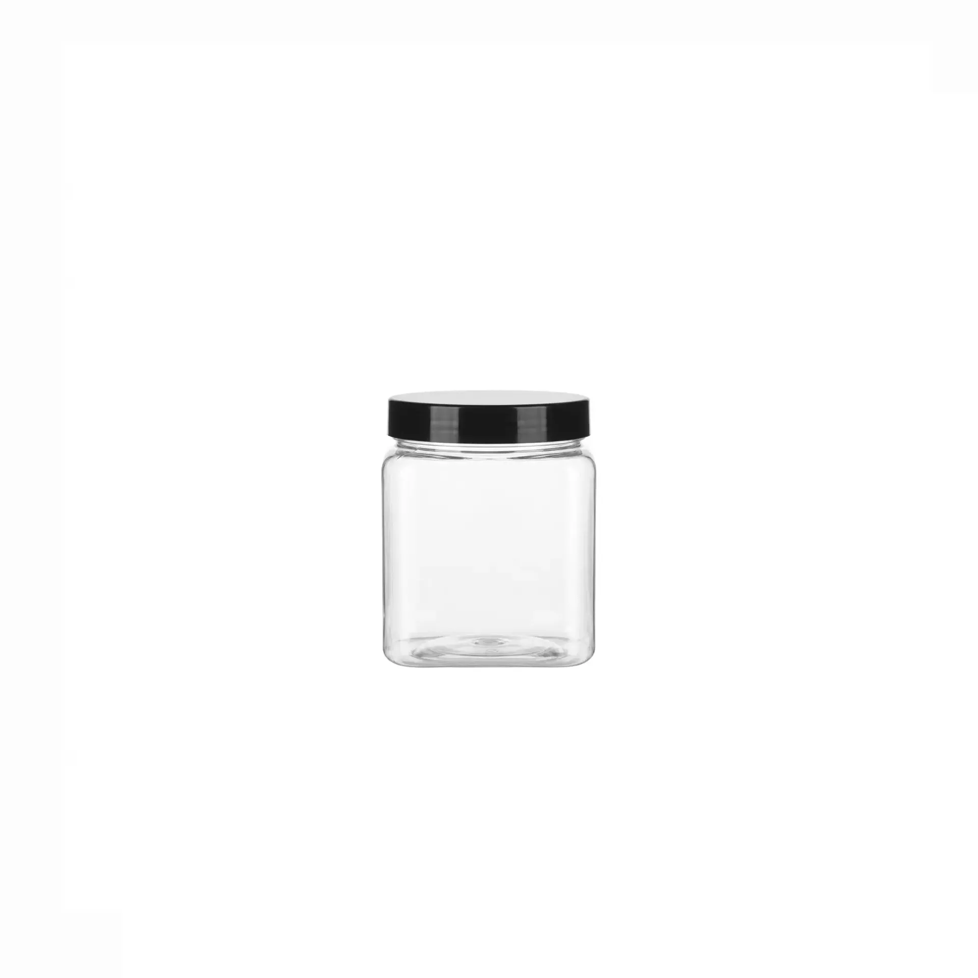 [LISSE_Ø63_250ML_CARRE] Jarre transparent carré Ø 63 x 90 mm avec couvercle noir 250 ml (220 unités par carton)XP