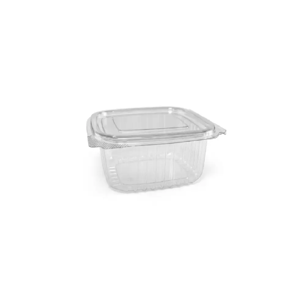 Barquette carrée en plastique 500 ml avec couvercle attaché DEV ( 100 unités x 8 sacs)( 800 unités par carton)