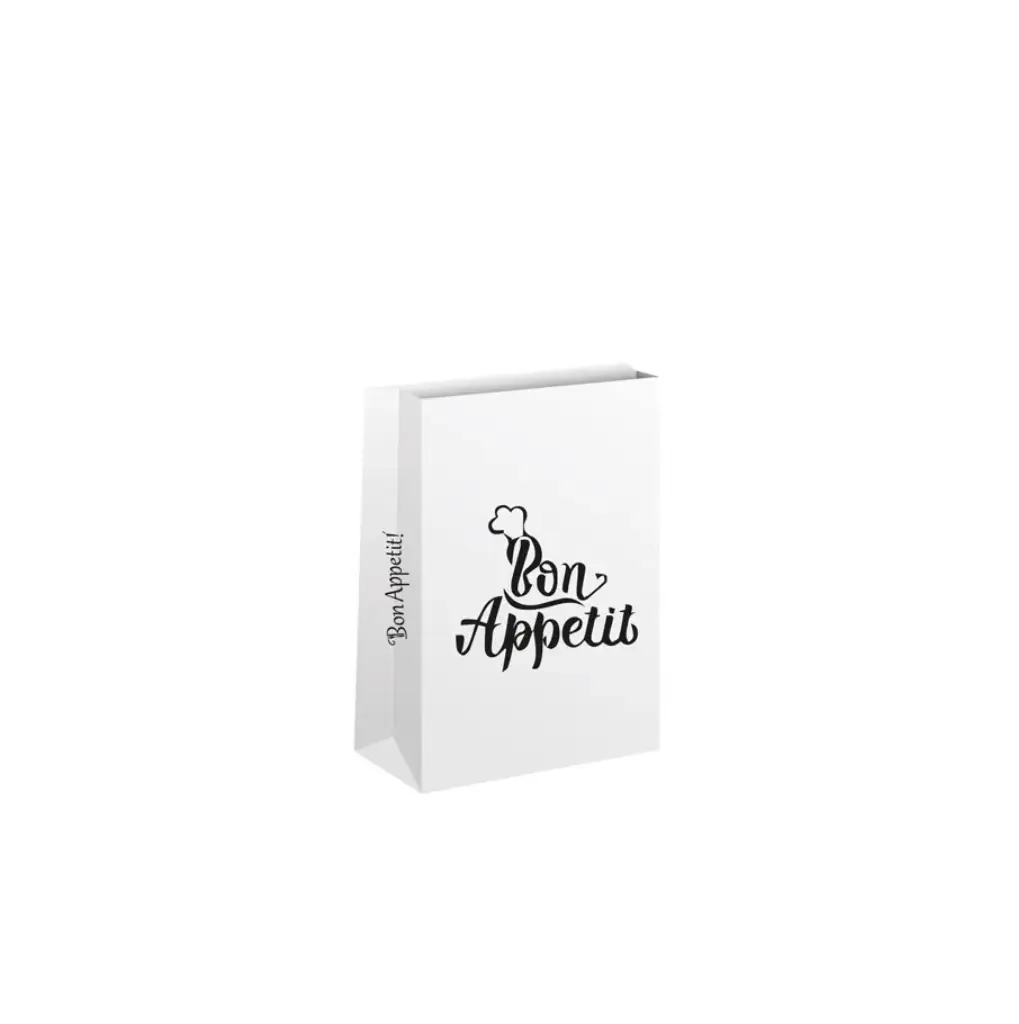 [SAC_KRAFT_BLANC_26_14_30] Sac fond carré en kraft blanc avec design Bon appetit 26 x14 x 30 cm sans poignee ( 350 unités par carton)
