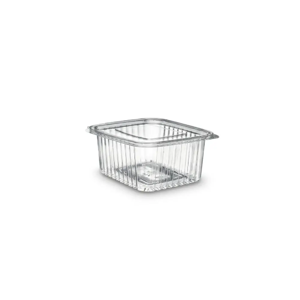 Barquette carrée transparente 375 ml en plastique avec couvercle attaché (100 unités × 10 sacs ) (1000 unités par carton) LARPLAST / MORECO