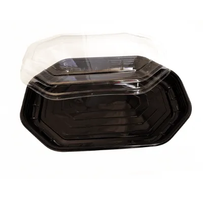 Barquette octogonale 390 x260 mm noire micro-ondable avec couvercle transparent  ( 40 unités par carton )