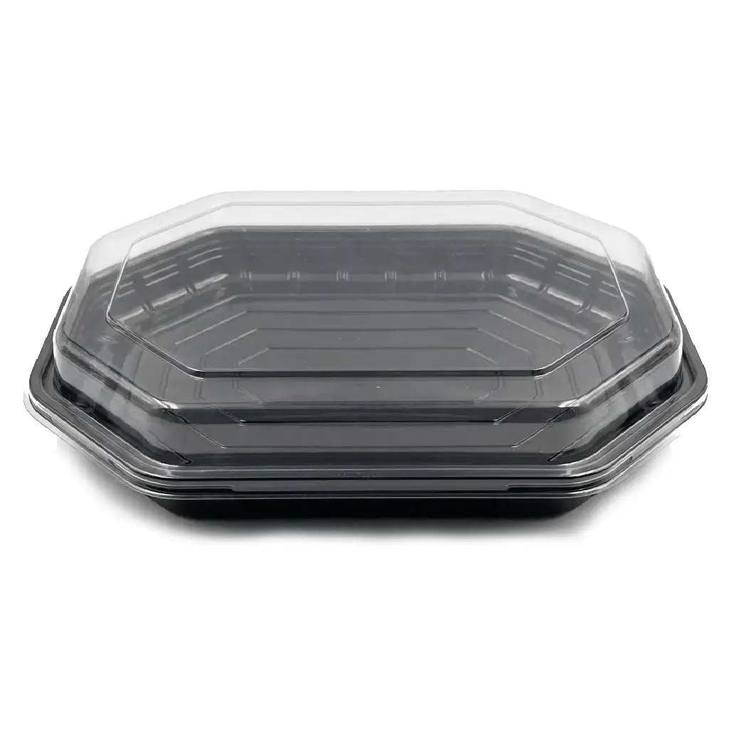 [390_260_NOIR] Barquette octogonale 390 x260 mm noire micro-ondable avec couvercle transparent  ( 40 unités par carton )