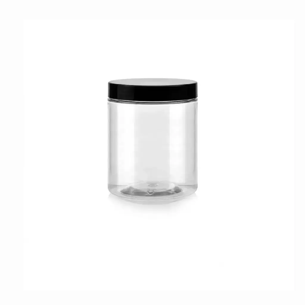 Jarre transparent Ø 63 x 90 mm avec couvercle noir 250 ml (225 unités par carton) XP