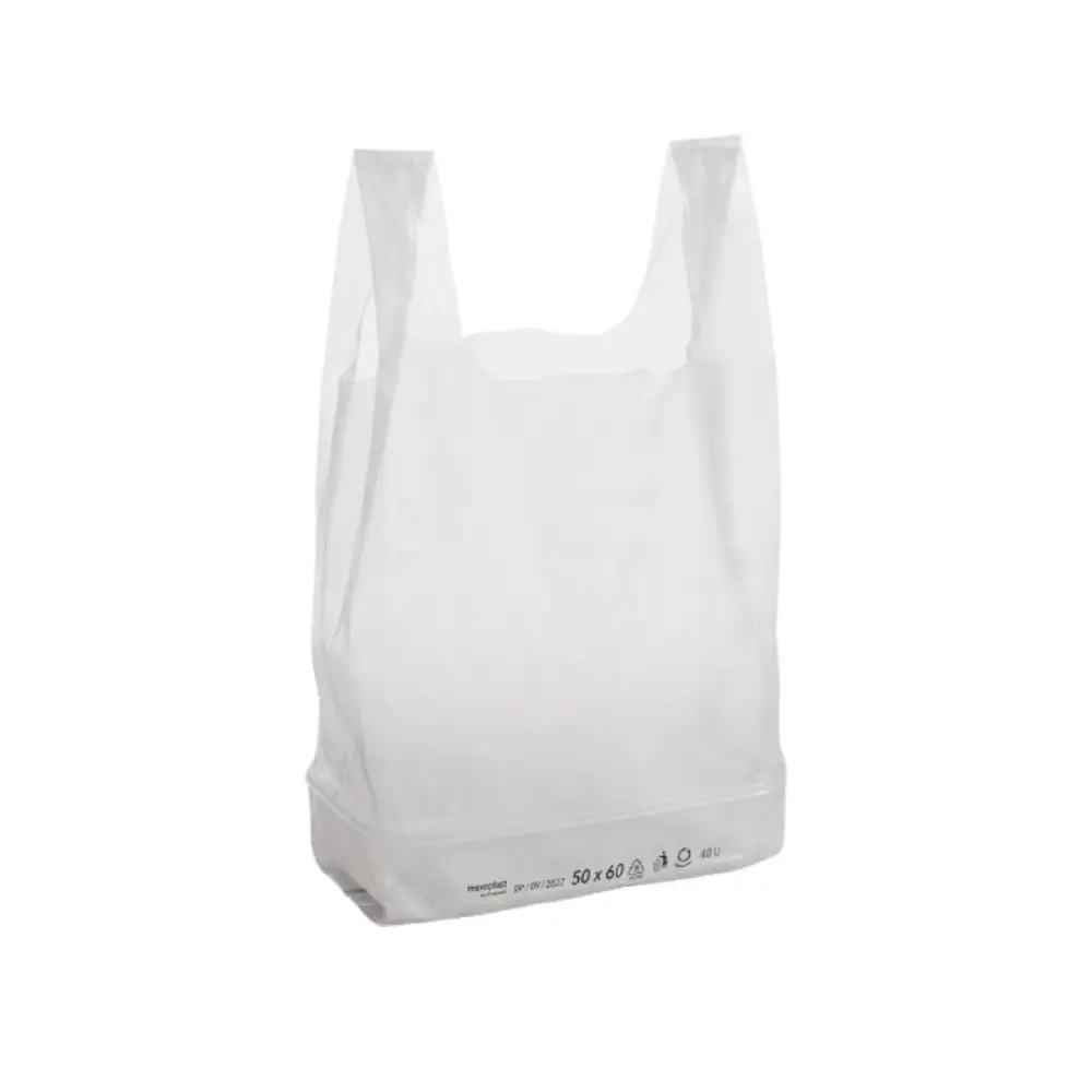 Sac Bretelle en plastique blanc en application de la réglementation de 2022 Dimention 50 x 60 cm Epaisseur 40 µ ( 25 unités* 20 sacs) (500 unités par carton)